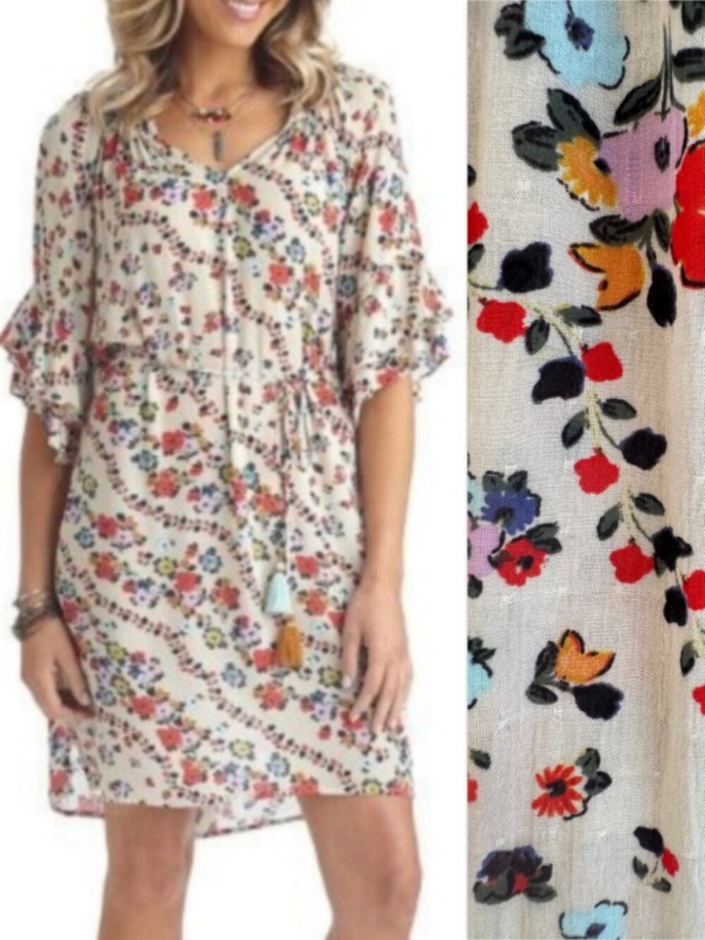 Democracy Tie Waist with Tassels Floral Dress in Ivory Small